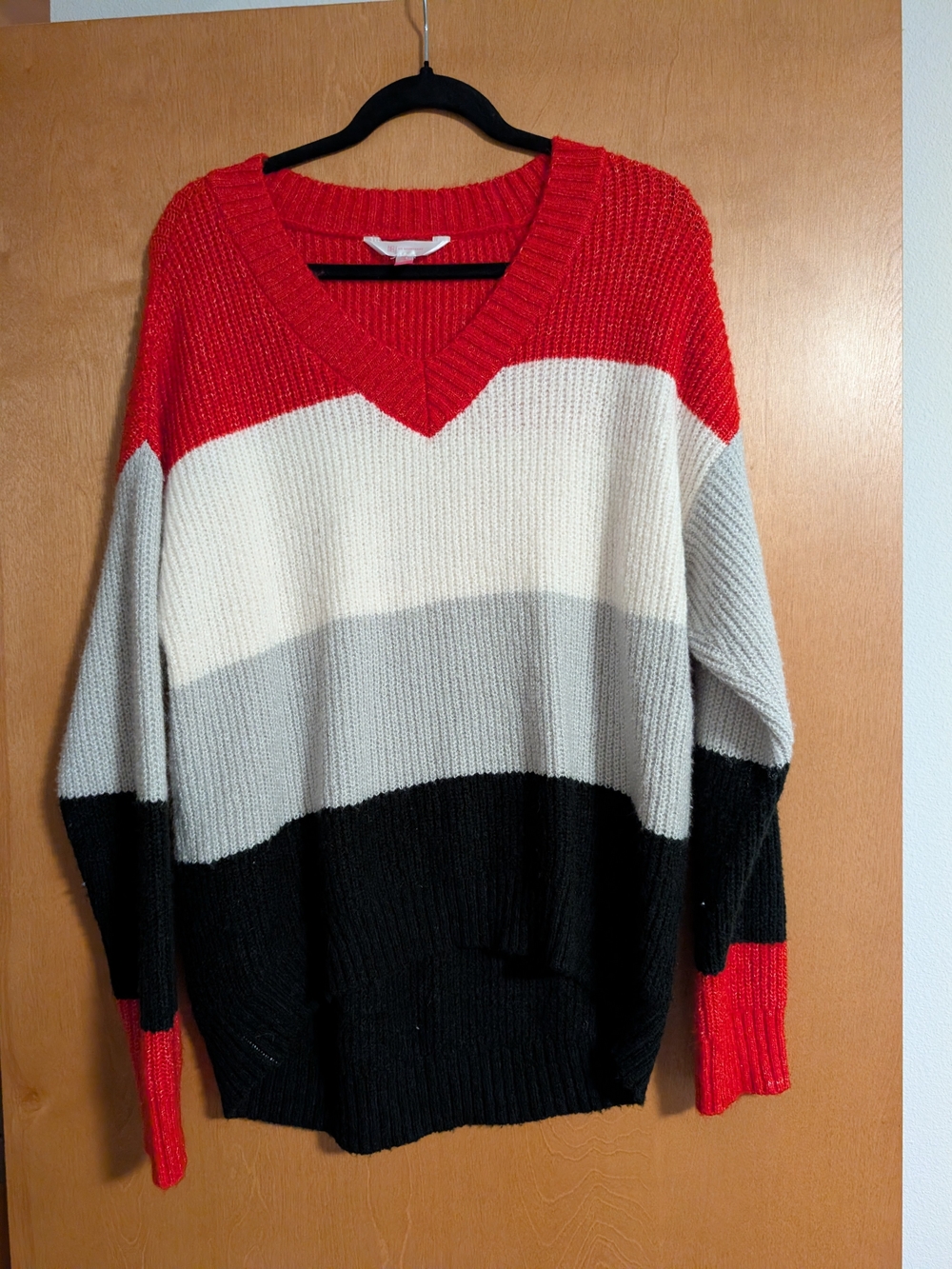 No Boundaries Red Cream Gray & Black Striped V-Neck Sweater